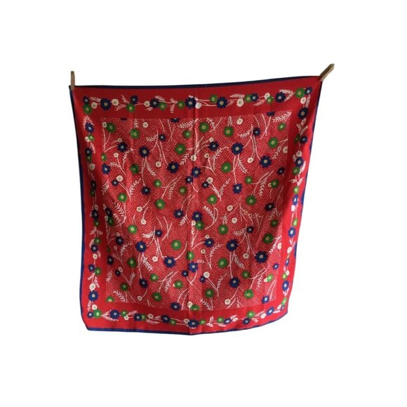 Vintage Floral Scarf Red Blue Green White Mini Flowers Accessories - Picture 3 of 4